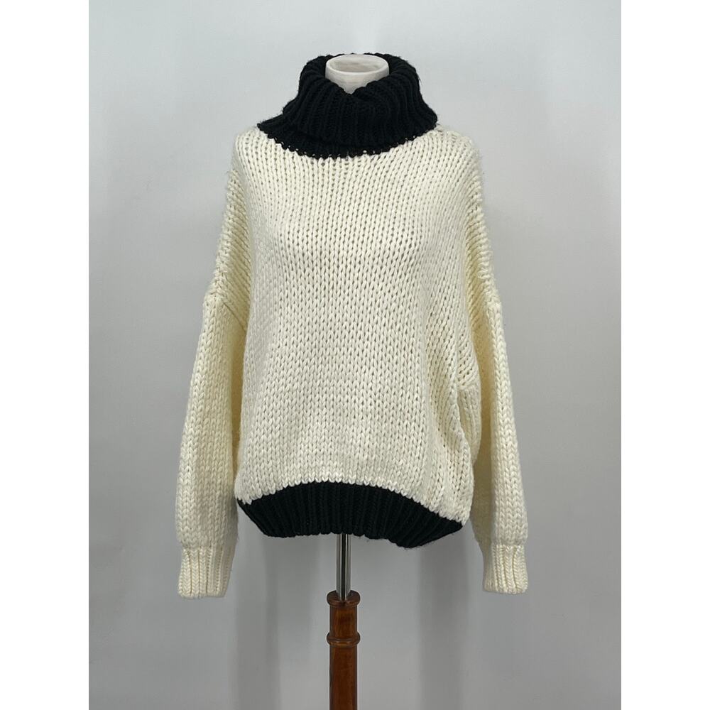 SugarHigh LoveStoned Cream Black‎ Trim Cowl Neck Sweater Dolman Sleeves One Size